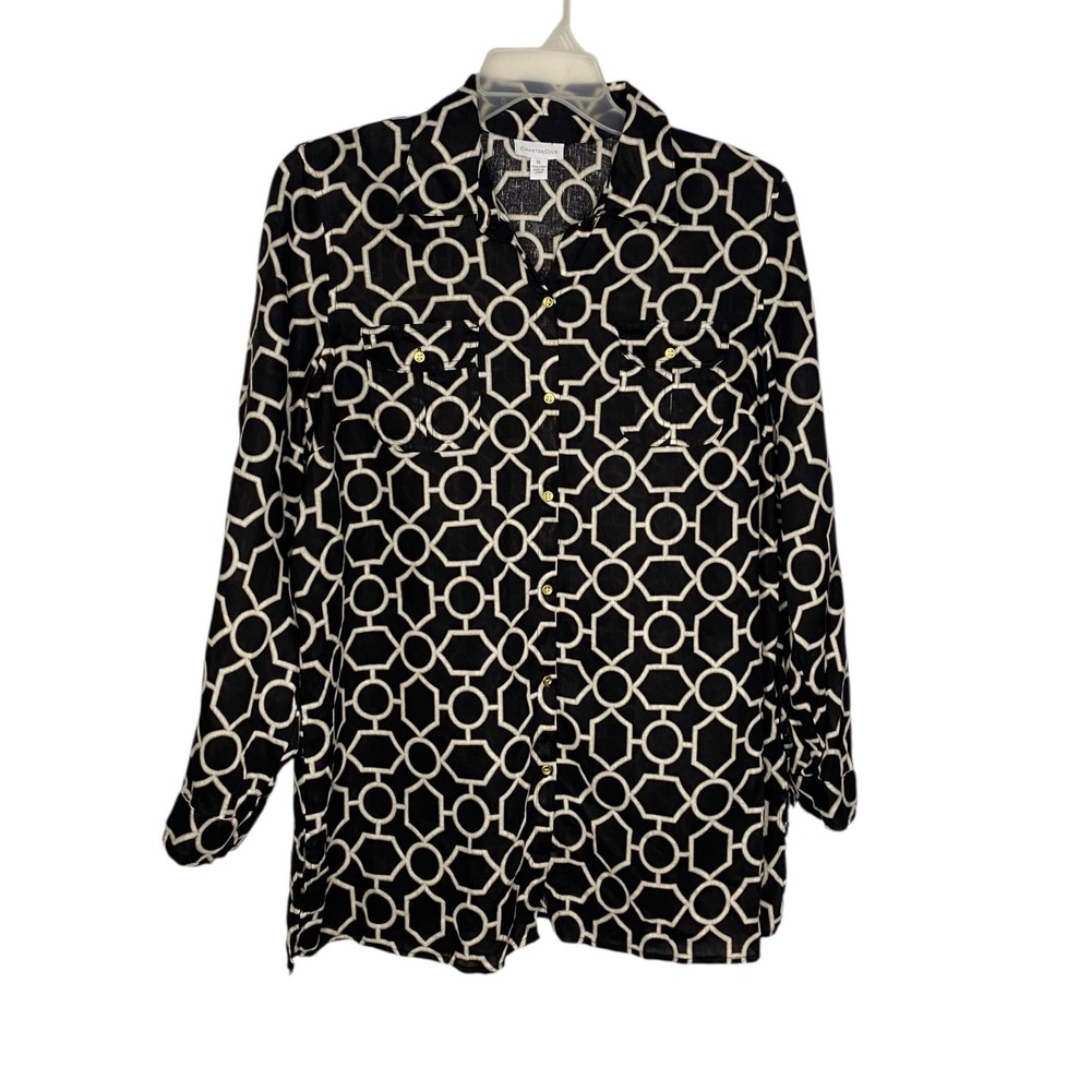Charter Club Womens XL Black Geometric Print 100% Linen Roll Tab Tunic Shirt